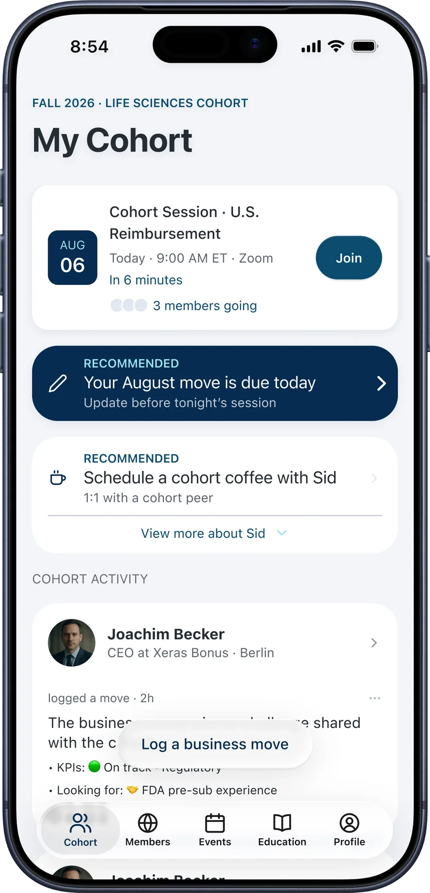 Earlier CEO XB home screen showing a cohort session card, an update-due card, and a coffee chat suggestion all competing for attention